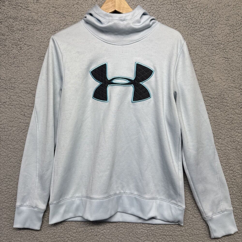 Under Armour Men's Pullover Hoodie Sz M Blue Big Logo inside fleece long sleeve